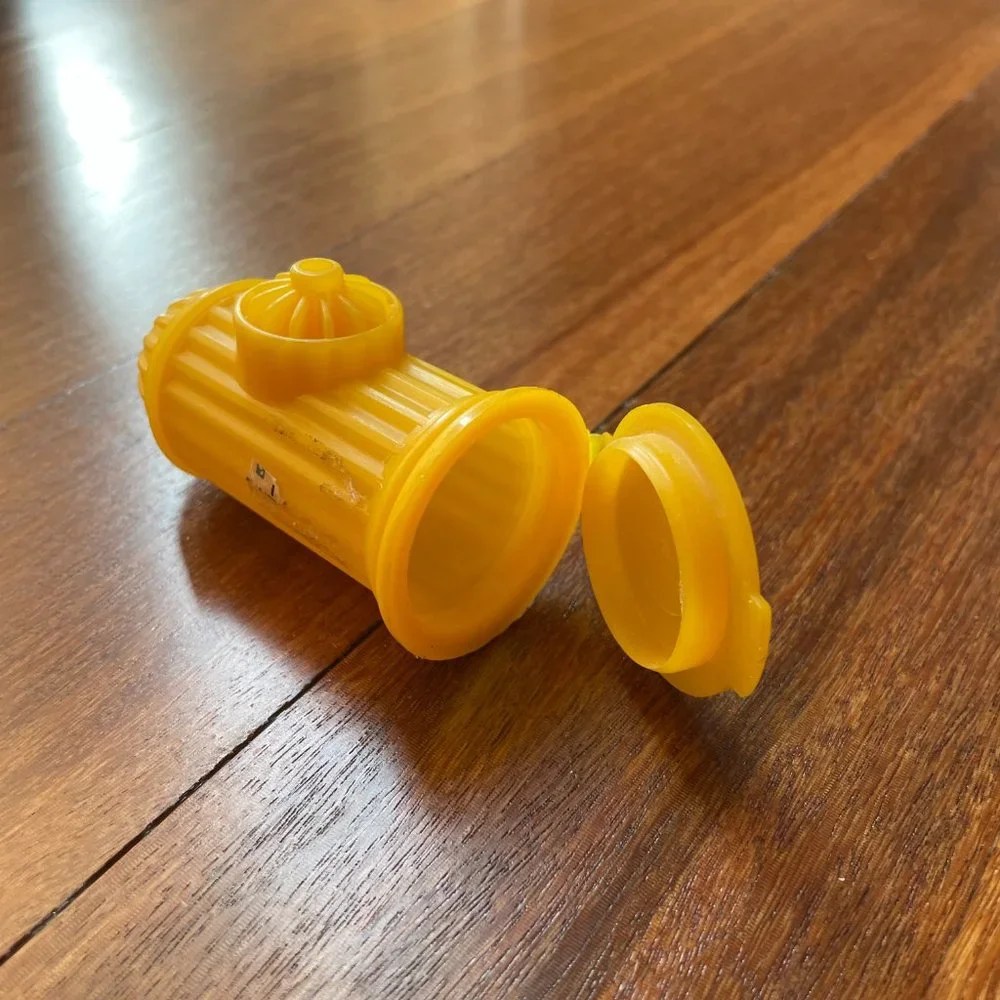 Three (3) Yellow Vintage Candy Containers - Garbage Can, Fire Hydrant & Coffin
